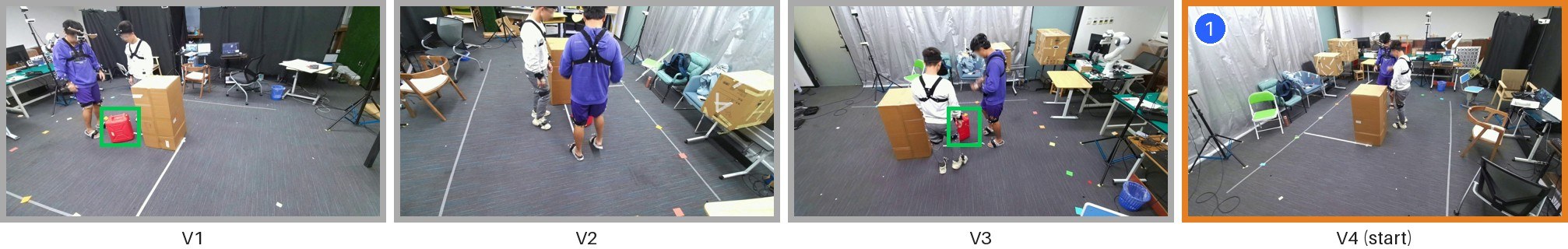Four views of a core4D scene; the red fuel container is hidden in the start view but visible in views 1 and 3.