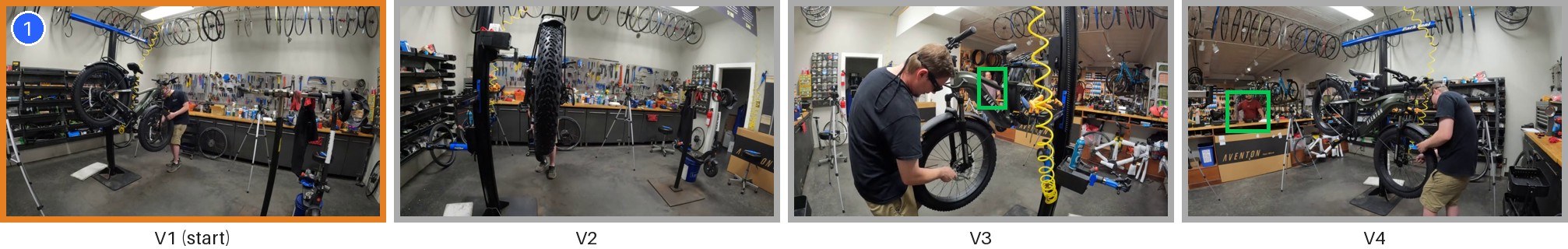 Four views of an Ego-Exo4D workshop; both persons in the question are outside the start view.