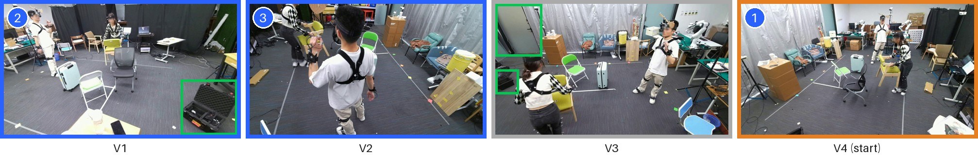 Four views of a core4D scene; the open equipment case and the glass door appear together only in view 3.