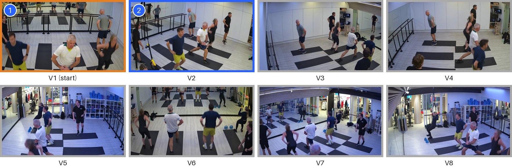 Eight views of a gym with a mirror wall that duplicates most participants.