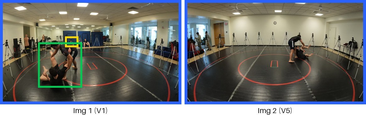 Two views of two wrestlers; the observer in the blue T-shirt faces the camera.
