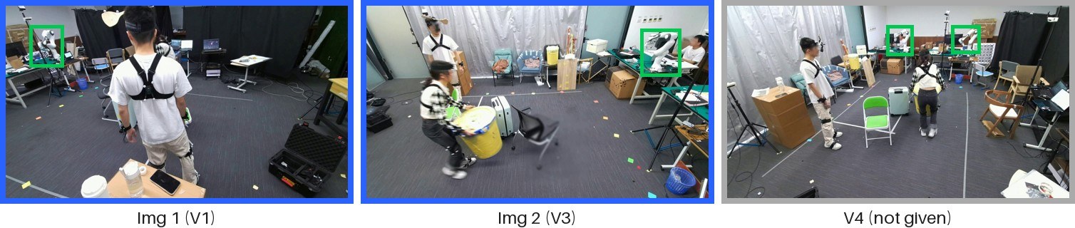 Two input views, each showing a different white robotic arm on adjacent workbenches.